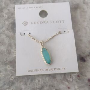 Kendra Scott 14K Gold Necklace with Eva Aqua Pendant Teal Cat's Eye Glass
